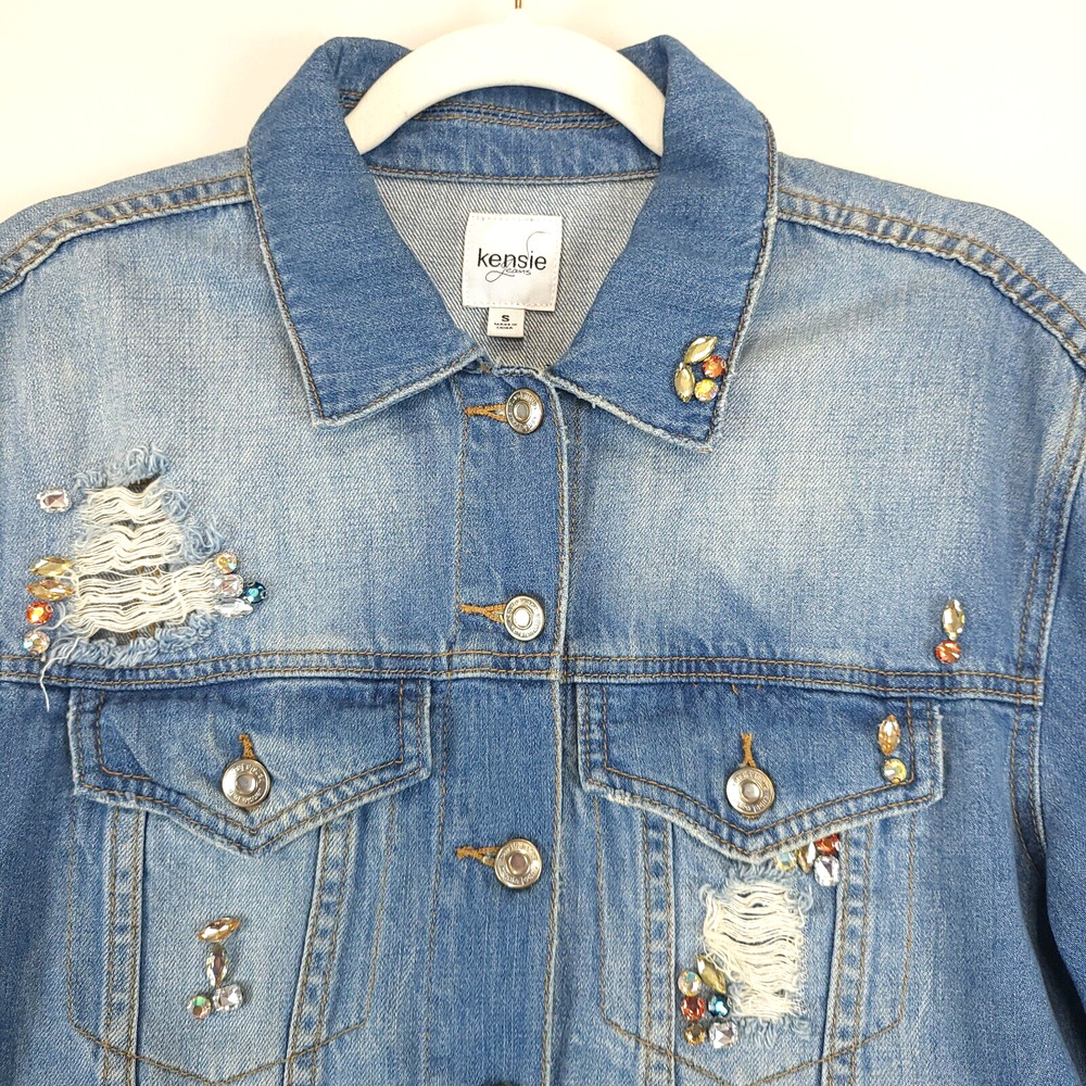 Kensie Embellished Distressed Jean Jacket Women S Denim Blue Long Sleeve - Picture 13 of 13